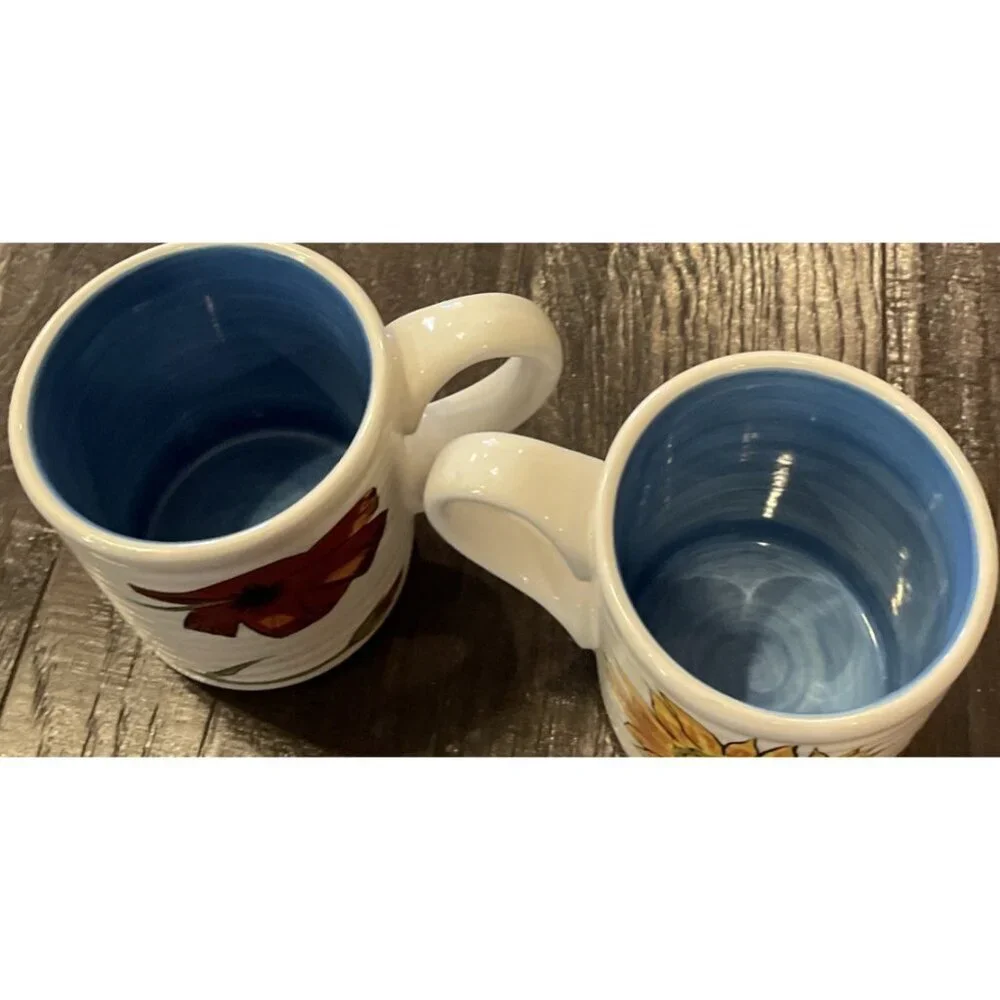 Pier 1 Sunflower Fields Earthenware Hand Painted‎ Coffee Cup Mugs Mug Set Of 2